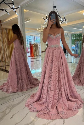 Charming Sweetheart Pink Long Lace Evening Dress with Glitter Beadings Straps_1