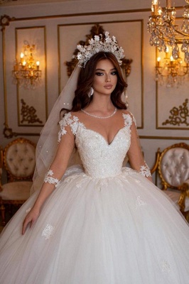 Robes de mariée en tulle Aline avec manches et col en V avec des appliques_3