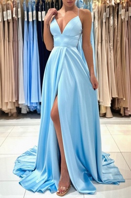 Halter Sky Blue Front Split Evening Dress V-Neck Satin Floor Length Formal Dresses_6