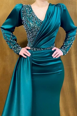 Stylish Long Sleeves Ruched Satin Mermaid Evening Dress with Beadings Long Train_2