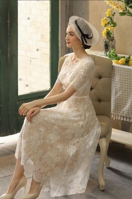 Elegant Half Sleeves Lace Short Wedding Dress Vintage Jewel Neck Ankle Length Bridal Dress_3