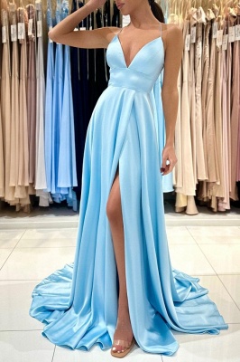 Halter Sky Blue Front Split Evening Dress V-Neck Satin Floor Length Formal Dresses_2