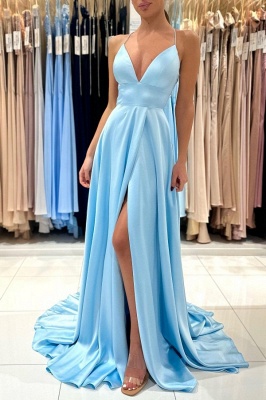 Halter Sky Blue Front Split Evening Dress V-Neck Satin Floor Length Formal Dresses_3