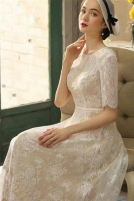 Elegant Half Sleeves Lace Short Wedding Dress Vintage Jewel Neck Ankle Length Bridal Dress_5