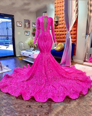 Long Sleeves Deep V-Neck Mermaid Prom Dress Glitter Sequins Fuchsia Party Dress_1