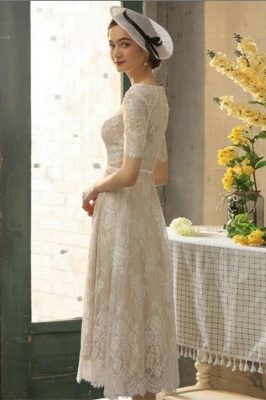 Elegant Half Sleeves Lace Short Wedding Dress Vintage Jewel Neck Ankle Length Bridal Dress_4