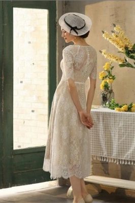 Elegant Half Sleeves Lace Short Wedding Dress Vintage Jewel Neck Ankle Length Bridal Dress_2