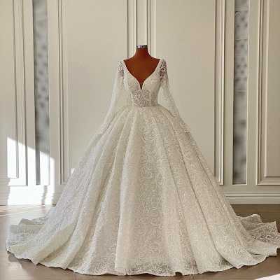 Luxury Long Sleeves Aline Wedding Dress V-Neck Floral Lace Bridal Gown_3