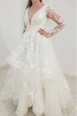 Elegant Long Sleeves A-line Wedding Dress Deep V-Neck Puffy Layers Lace Bridal Dress_4