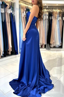 Superbe robe de soirée longue en satin chérie Robe de bal fendue sur le côté sans bretelles_3