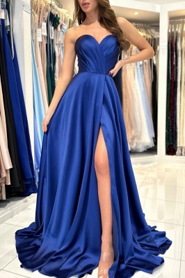 Superbe robe de soirée longue en satin chérie Robe de bal fendue sur le côté sans bretelles_2