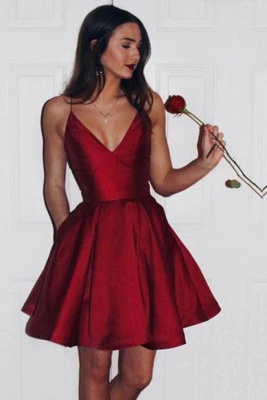 Burgundy Short Homecoming Dress Simple Spaghetti Straps Party Dress_1