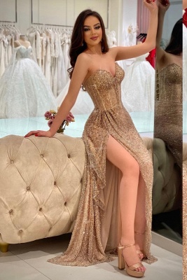 Glitter Sweetheart Gold Evening Dresses Long | Simple Side Split Prom Dresses_2