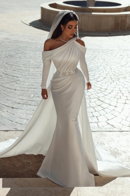 Stylish Asymmetric Shoulders Satin Long Mermaid Wedding Dress with Sweep Train_3