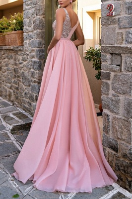 Elegant Pink Sleeveless V-Neck Long Evening Party Dress with Front Slit_2