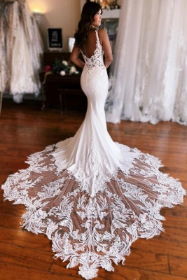 Gorgeous Sleeveless Mermaid Wedding Dress V-Neck Floral Lace Bridal Gown_2