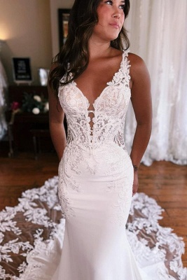 Gorgeous Sleeveless Mermaid Wedding Dress V-Neck Floral Lace Bridal Gown_3