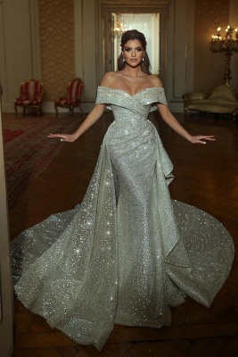 Robes de mariée sirène à paillettes et épaules dénudées, robe de mariée blanche avec traîne de balayage_2