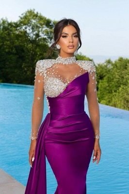 Gorgeous Glitter Sequins Crystals Long Sleeves Mermaid Prom Dress High Neck Satin Evening Party Dress_2