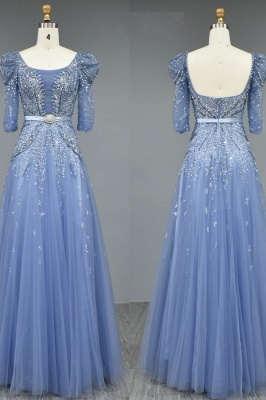 Gorgeous Puffy Half Sleeves Tulle Crystals Pricess Long Evening Dress_1