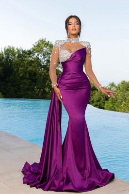 Gorgeous Glitter Sequins Crystals Long Sleeves Mermaid Prom Dress High Neck Satin Evening Party Dress_1