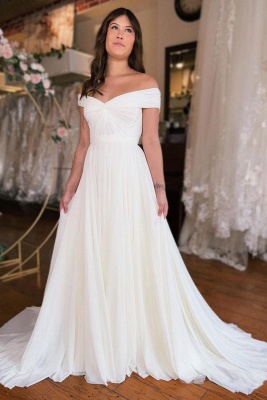 Elegant Off-the-Shoulder Ruched Chiffon A-line Wedding Dress Simple Bridal Dress_1