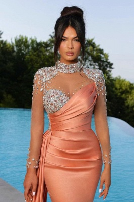 Sexy High Neck Crystals Satin Mermaid Prom Dress Long Sleeves Evening Dress with Sweep Train_2