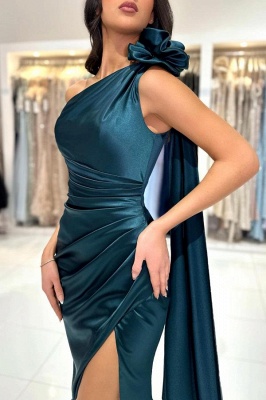 Elegant One Shoulder Ruched Satin Formal Dress Side Slit Simple Evening Dress with Shawl_5