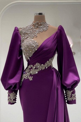 Luxury Long Sleeves Mermaid Prom Dress Appliques High Neck Satin Long Evening Dresses_2