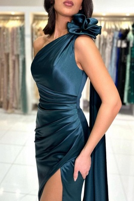 Elegant One Shoulder Ruched Satin Formal Dress Side Slit Simple Evening Dress with Shawl_6