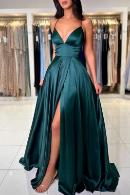 Simple Spaghetti Straps Slit Evening Dress Sleeveless Satin Formal Dress_1