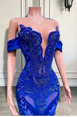 Charmante robe de bal sirène à épaules dénudées et cristaux bleu royal avec perles_3