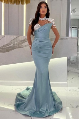 Charming High Neck Ruched Satin Mermaid Prom Dress Crystals Long Evening Dress_1