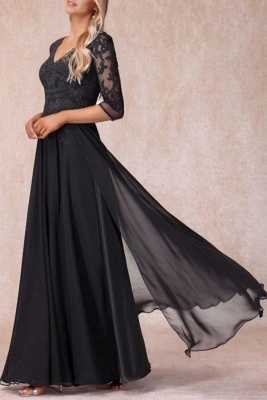 Half Sleeves Chffon Mother of the Bride Dress V-Neck Lace Appliques Wedding Formal Dress_5