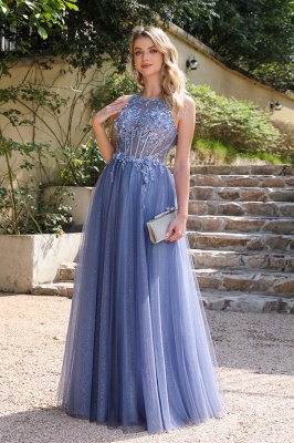 Charming Sleeveless Tulle Lace Aline Evening Dress Crew Neck Glitter Formal Dress with Appliques_2