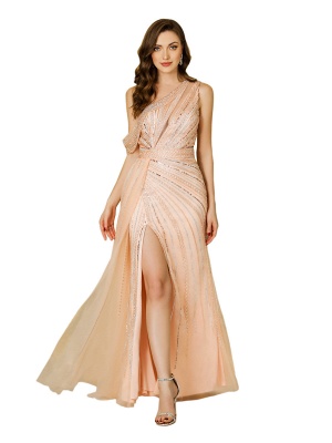 Asymmetrical Tulle Beadings Prom Dress with Side Slit Sleeveless Floor Length Special Occasion Dress_1