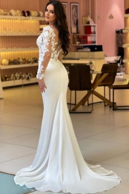 Gorgeous Long Sleeves Lace Appliques Mermaid Wedding Dress White Satin Bridal Dress_2