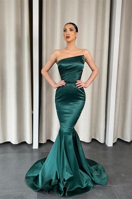 Robe de bal sirène vert foncé sans bretelles, robe de soirée moulante en satin sans manches_1