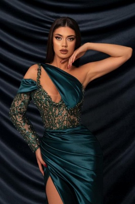 Charming One Shoulder Satin Prom Dresses with Side Slit Beadings Sequins Mermaid Evening Dresses_2