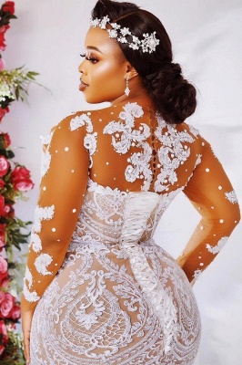 Gorgeous Crew Neck Lace Appliques Mermaid Wedding Dress with Sleeves Crystal Bridal Gown_2