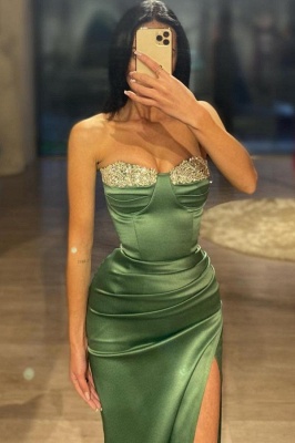 Stunning Strapless Ruched Satin Long Evening Dress with Train Glitter Floor Length Party Dress_3