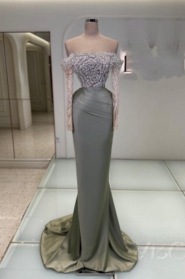 Stunning Off Shoulder Long Sleeves Glitter Crystals Mermaid Prom Dress Satin Evening Dress_1