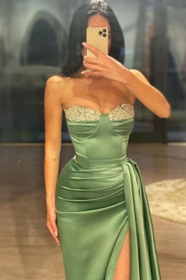 Stunning Strapless Ruched Satin Long Evening Dress with Train Glitter Floor Length Party Dress_4