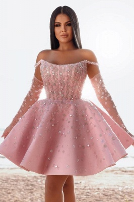 Cute Off-the-Shoulder Short Homecoming Dress Pink Knee Length Satin Beadings Party Dress_2