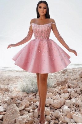 Cute Off-the-Shoulder Short Homecoming Dress Pink Knee Length Satin Beadings Party Dress_1