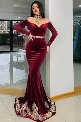 Off-the-Shoulder Burgundy Velvet Mermaid Prom Dress with Gold Appliques_1