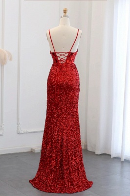 Spaghetti Straps Sequin Mermaid Evening Dresses with Side Slit Glitter Long Party Gowns_9