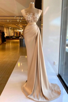 Champagne Sleeveless Satin Long Prom Dress Floral Side Split Evening Dress with Sweep Train_1