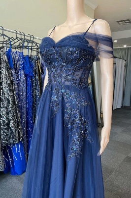 Robe de soirée bleu marine à épaules dénudées, robes formelles en dentelle et tulle avec appliques_3