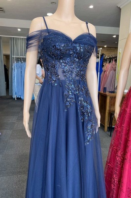 Robe de soirée bleu marine à épaules dénudées, robes formelles en dentelle et tulle avec appliques_2